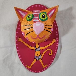 NEW! Adorable handmade paper mache cat wall art hanging.